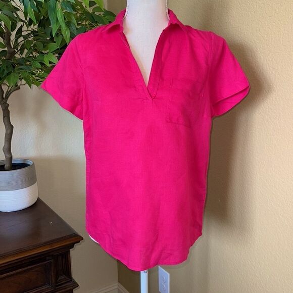 J.Crew Pink Linen Blend Short Sleeve Popover Blouse Shirt Top XXS - Picture 2 of 3